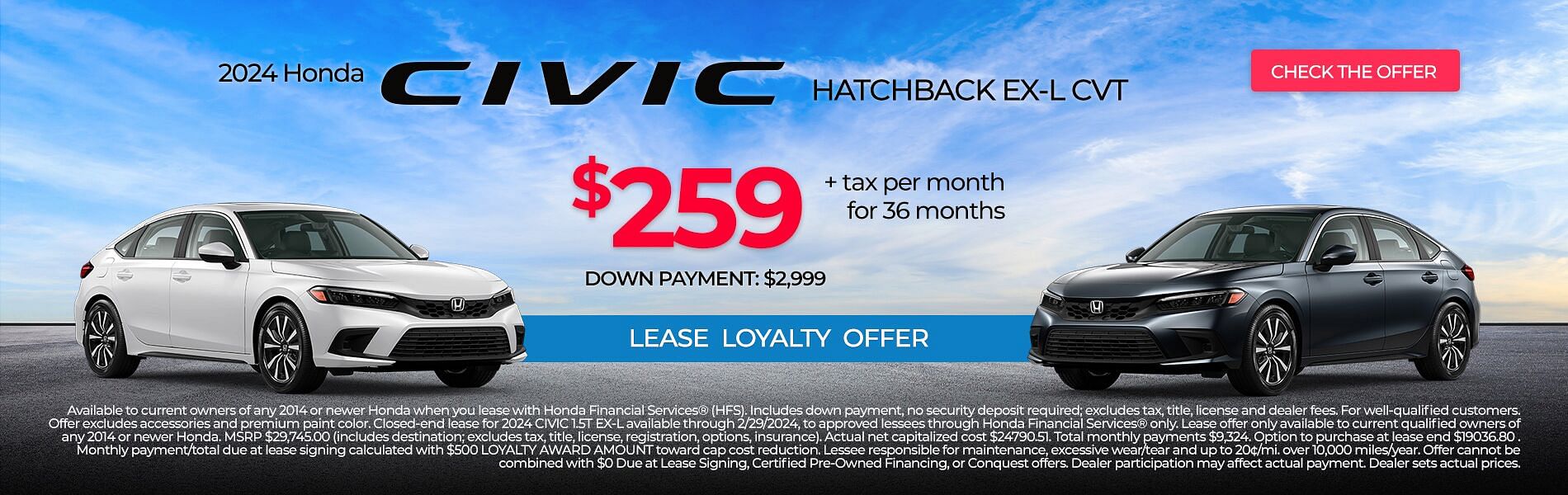 2024 Civic Hatchback Lease Special $259