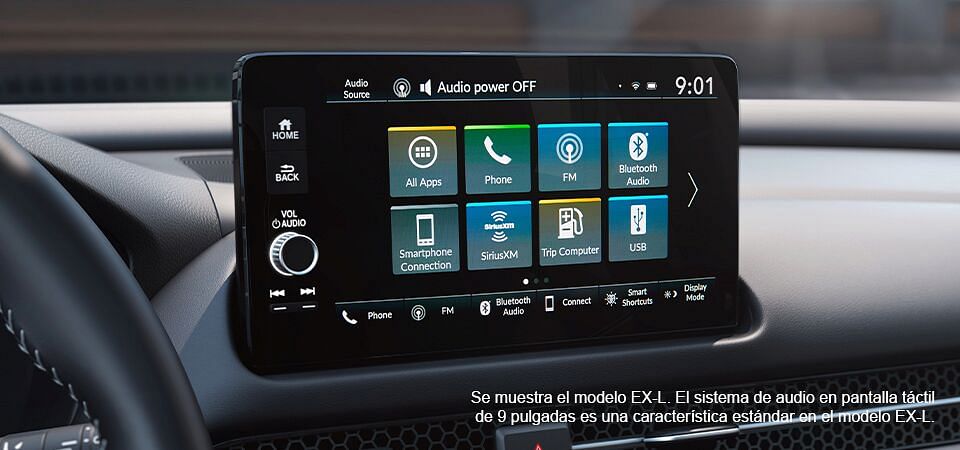 Pantalla táctil Display Audio que muestra el menú principal en la Honda HR-V EX-L 2023 con interior negro.