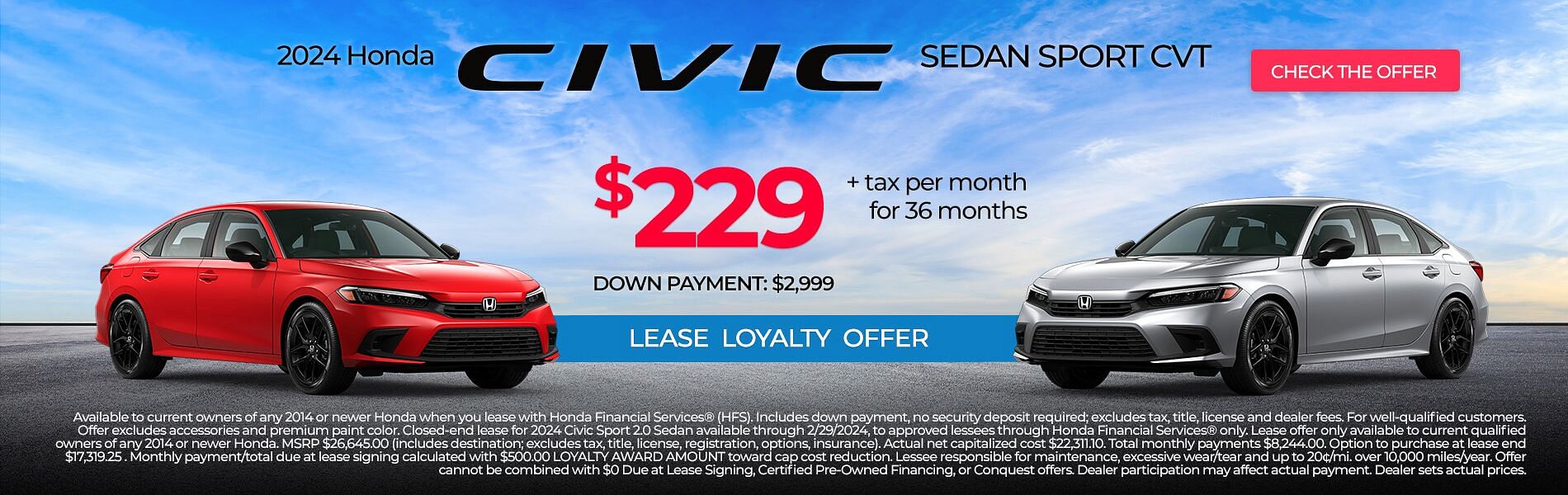 2024 Honda Civic Sedan Lease Special $229p/mo + tax